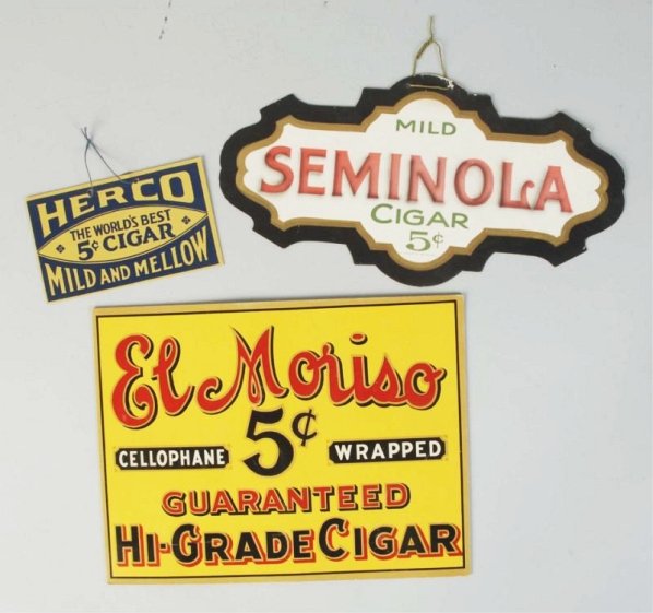 Lot of 3: Cigar Ads.: Advertising pieces. Includes Seminola, Herco, and L Maruso. Minimal overall wear. Condition (Excellent - Near Mint). Size Largest: 15" L.