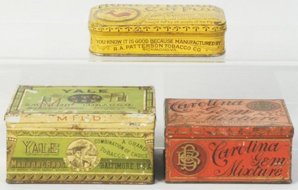 Lot of 3: Small Tobacco Tins.: Includes Honest Labor cut plug, Yale Mixture, Carolina Gem Mixture. Condition (Very Good - Excellent). Size Largest: 4 - 1/2" L.
