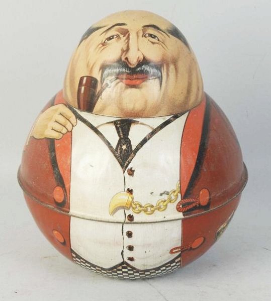 Mayo's Cut Plug Roly Poly Tobacco Tin.: Similar to store keeper, with a red color variation. Minimal wear only. Condition (Excellent). Size 7 - 1/2" T.