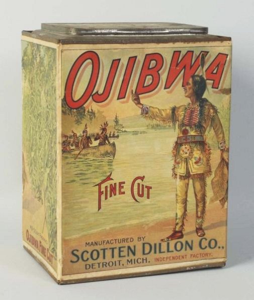 Rectangular Ojibwa Tobacco Canister.: A great paper label piece, with fantastic color and imagery. Condition (Excellent). Size 11" T.