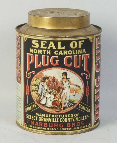 Seal of North Carolina Plug Cut Tobacco Tin.: Superb color and detail. Minimal wear only. Condition (Excellent). Size 6 - 1/2" T.