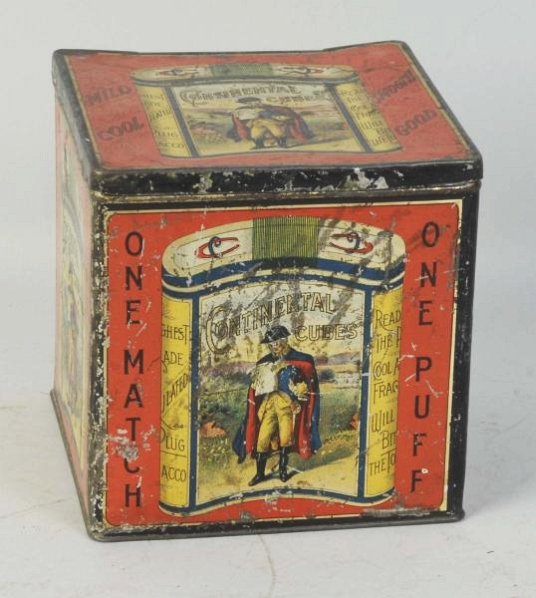 Rare Continental Cubes Countertop Tobacco Tin.: Rare. With two sides with great color and detail and the other two with some moderate amounts of wear. Condition (Very Good). Size 5 - 1/4" T.