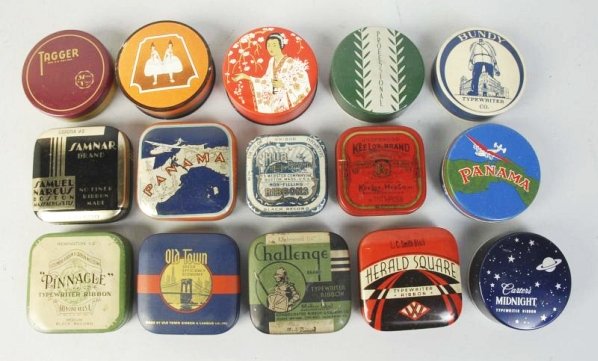Lot of 15: Typewriter Ribbon Tins.: Including, Bundy, Old Town, Challenge, Kub brand, and others. Very little wear. Condition (Excellent). Size Each: 2 - 1/2" L.