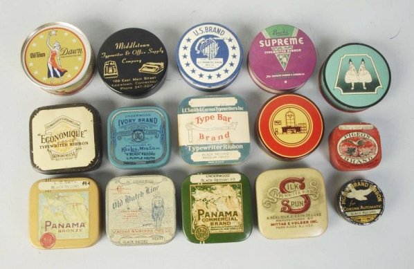 Lot of15: Typewriter Ribbon Tins.: Including, several Panama, Silk Spun Ivory brand, among others. Very little wear. Condition (Excellent). Size Each: 2 - 1/2" L.