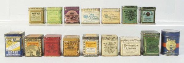 Lot of 16: Typewriter Ribbon Tins.: Includes, Eagle, Remington, Premier, Crown and others. Minimal wear only. Condition (Excellent). Size Each: 2 - 1/2" T.