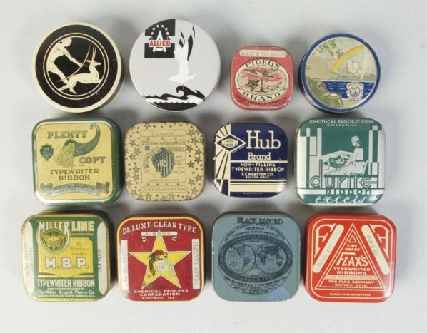 Lot of 12: Typewriter Ribbon Tins.: Including Delux Clean Type, Plenty Copy, Hammond, Flax's and others. Little to no wear. Condition (Excellent). Size 2 - 1/2" L.
