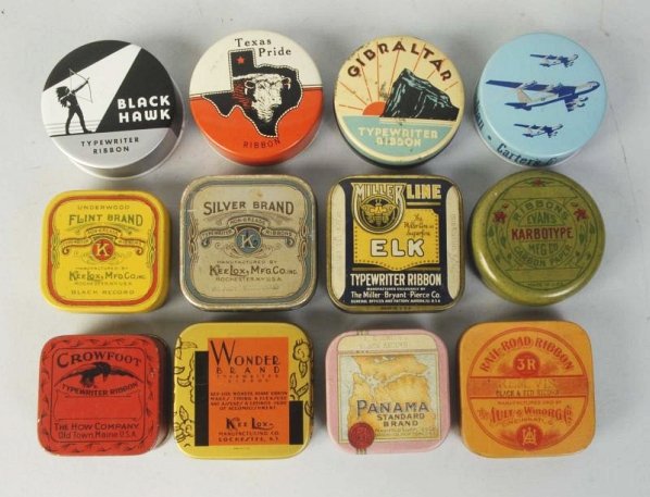 Lot of 12: Typewriter Ribbon Tins.: Includes, Crow Foot, Texas Pride, Black Hawk, Elk and others. Minimal amounts of wear only. Condition (Excellent). Size Each: 2 - 1/2" L.