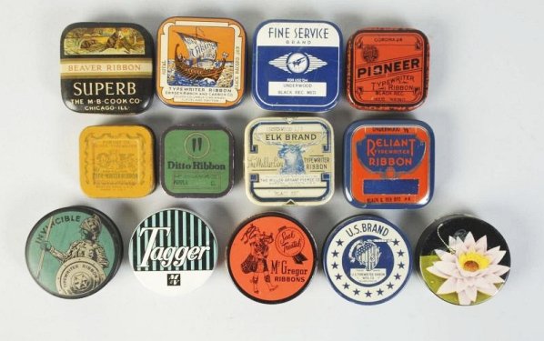 Lot of 13: Typewriter Ribbon Tins.: Including, Beaver Ribbon, U.S. brand, The Viking, Elk brand and others. Little to no wear to all. Condition (Excellent). Size Each: 2 - 1/2" L.