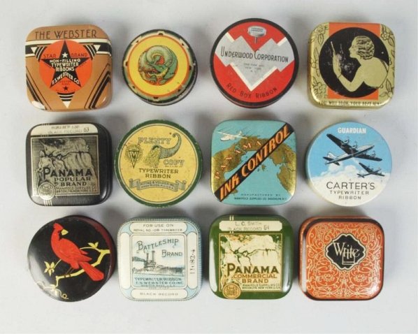 Lot of 12: Typewriter Ribbon Tins.: Including, Battleship brand, Panama, Carter's and others. Minimal wear only. Condition (Excellent). Size Each: 2 - 1/2" L.