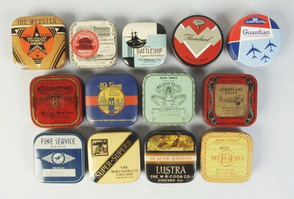 Lot of 13: Typewriter Ribbon Tins.: Including, Old Town, Fine Service, Aeroplane brand, Keelox brand and others. Minimal wear only. Condition (Excellent). Size Each: 2 - 1/2" L.