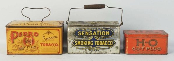 Lot of 3: Rectangular Tobacco Tins.: Includes H-O, Sensation,and Pedro. This is a nice grouping with little wear. Condition (Very Good). Size Largest: 7 - 1/2" L.