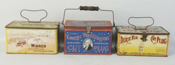 Lot of 3: Rectangular Tobacco Tins.: Includes, Cut Plug, Dixie Kid, Winner, and George Washington. Moderate to minimal wear. Condition (Very Good - Excellent). Size Largest: 7 - 3/4" L.