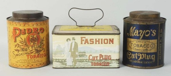 Lot of 3: Tobacco Tins.: Includes, Mayo's, Pedro, and Fashion. Very little wear. Condition (Very Good - Excellent). Size Largest: 7 - 1/2" L.