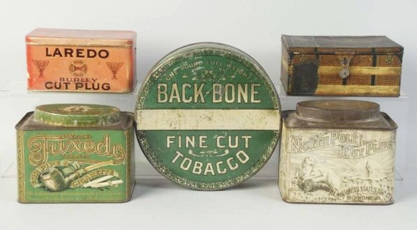 Lot of 5: Tobacco Tins.: Includes Laredo, Back-Bone and more. Various amounts of wear. Condition (Good - Very Good). Size Largest: 8 - 1/4" Dia.
