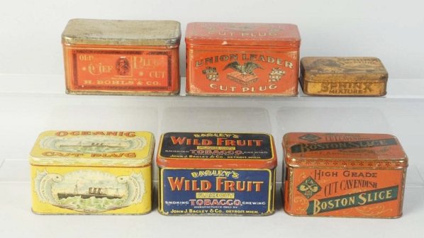 Lot of 6: Tobacco Tins.: Includes Sphinx Mixture, Old Chief, Union Leader, Boston Slice and others. Very little wear. Condition (Excellent). Size Largest: 6" L.
