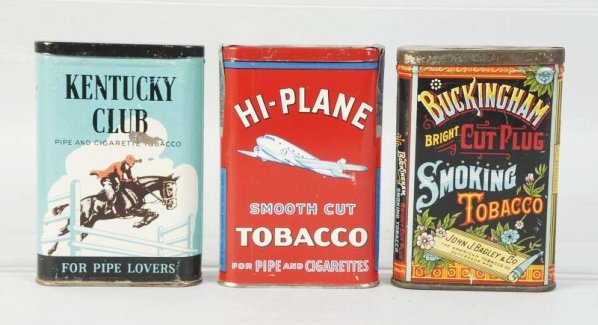 Lot of 3: Vertical Tobacco Pocket Tins.: Includes one High Plane Two Engine, never opened, one Buckingham and one Kentucky Club. Very little overall wear. Condition (Excellent). Size 4 - 1/2" T.
