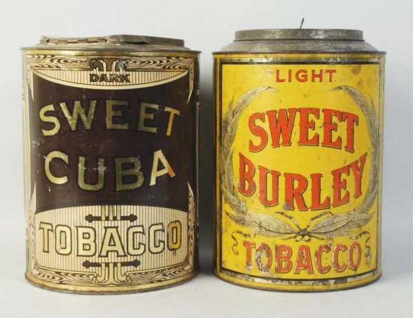 Lot of 2: Large Tobacco Tin Cans.: Includes Sweet Cuba and Sweet Burley. Moderate overall wear to both. Condition (Very Good). Size Largest: 12" T.