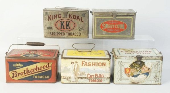 Lot of 5: Tobacco Lunch Pail Tins.: Includes, King Koal, U.S. Marine, Sweet Cuba, Fashion and Brotherhood. Most with minimal wear only. Condition (Good - Excellent). Size Largest: 8" L.