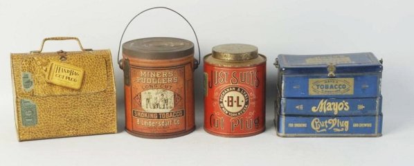 Lot of 4: Tobacco Tins.: Including, Handbag Cut Plug, Just Suits, Mayo's and Miners and Puddlers. Modest to very little wear. Condition (Good - Excellent). Size Largest: 7 _ 1/2" L.