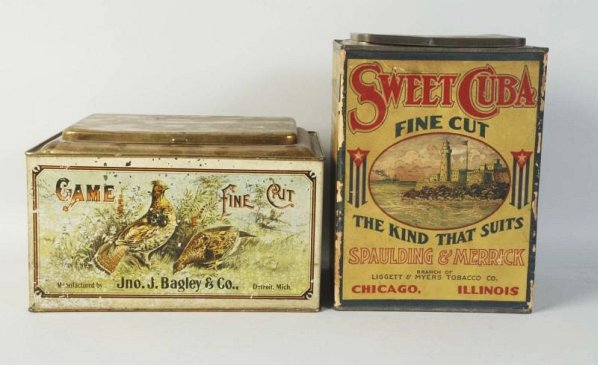 Lot of 2: Large Tobacco Tins.: Includes Sweet Cuba and Game Fine Cut. With some general overall flaking and minor scratching and tears. Condition (Good). Size Largest: 11 - 1/2" T.