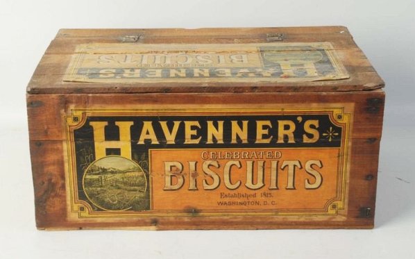 Havenners Biscuits Wood Crate.: Solid and nice overall. Hinged lid. Label on top and front are very presentable. Condition (Excellent). Size 21 - 3/4" L.