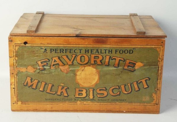 Milk Biscuits Wood Crate.: Solid and secure has a hinged lid. Label has some scattering of wear but still can be presented very nicely. Condition (Excellent). Size 21 - 1/2" L.