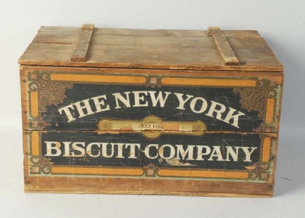 NY Biscuit Wood Crate.: Nice overall. Lid fits firmly but need to be rehinged. Label on front shows a tad of modest light wear. Condition (Excellent). Size 21 - 1/2" L.