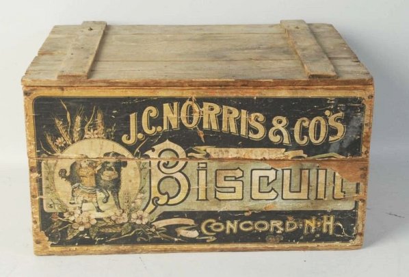J.C. Norris Biscuit Wood Crate.: Nice overall appearance. Solid condition. Modest age wear on top of lid. Label inside of lid and on front of crate is ver presentable with modest amounts of wear. Condition (Very Good - Excellent). Si