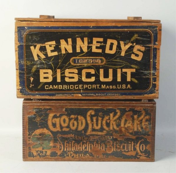 Lot of 2: Wooden Biscuit Crates.: First is a Kennedy's solid, hinged lid, works great. Label on the inside lid and front with some tethered scattering about. Second is a good luck crate from out of Philadelphia. Hinged lid, solid cond