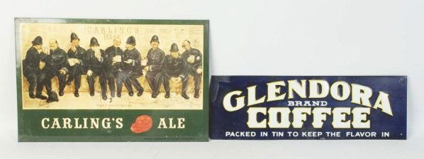 Lot of 2: Tin Advertising Pieces.: One is tin over cardboard. Includes Glendora Coffee and Carlings Ale. Some scatter light surface wear. Condition (Excellent). Size Largest: 13 - 1/2" L.
