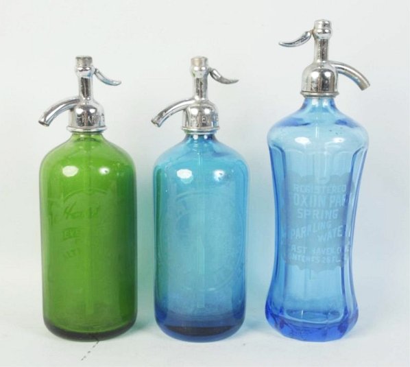 Lot of 3: Glass Seltzer Bottles.: Includes Harty's, Foxon Park and H. Levine. No chips or cracks. Condition (Excellent). Size Largest: 12 - 1/2" T.
