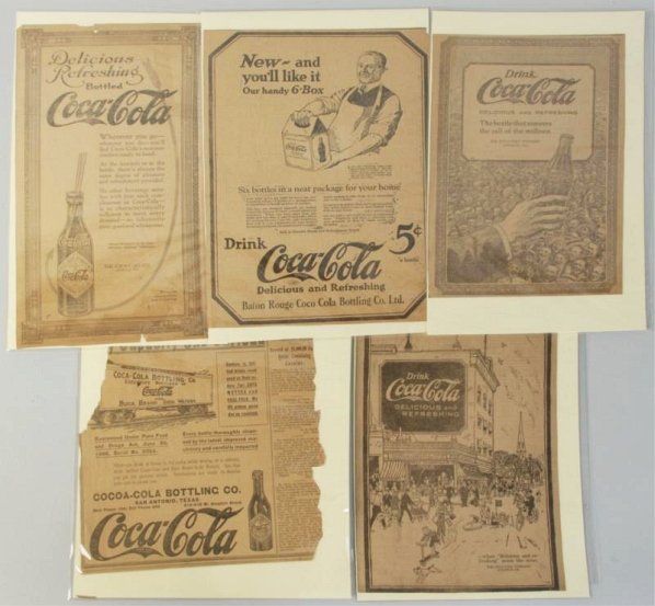 Lot of 9: Coca-Cola Newspaper Ads.: 1909-20s, with some great images and ads. Condition (Excellent - Near Mint). Size Largest: 14 - 1/2" x 10".