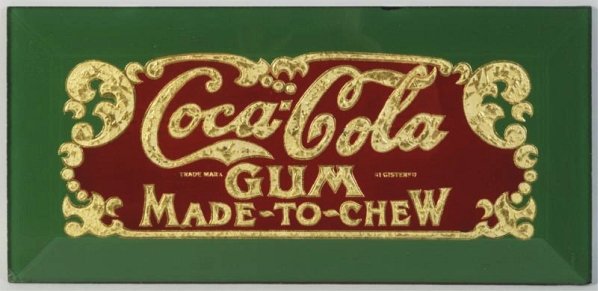 Reverse Glass Green/Gold/Red Coke Gum Sign.: Circa 1915 to 1985, unknown origin. Heavy beveled glass. Condition (Near Mint). Size 7 - 1/4" x 15".