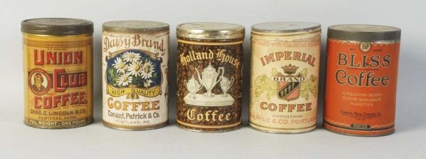 Lot of 5: Coffee Tins.: Includes two tin litho, one for Holland House and one for Union Club. Also with three paper labeled, including Daisy, Imperial and Bliss. Minimal wear only. Condition (Excellent). Size Largest: 6" L.