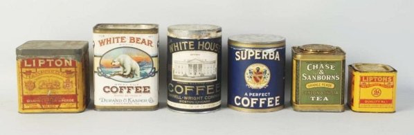 Lot of 6: Coffee & Tea Tins.: Paper label. Including, White House, White Bear, Chase and Sanborn, two Liptons, and one Superba. Very little wear. Condition (Very Good - Excellent). Size Largest: 6" T.