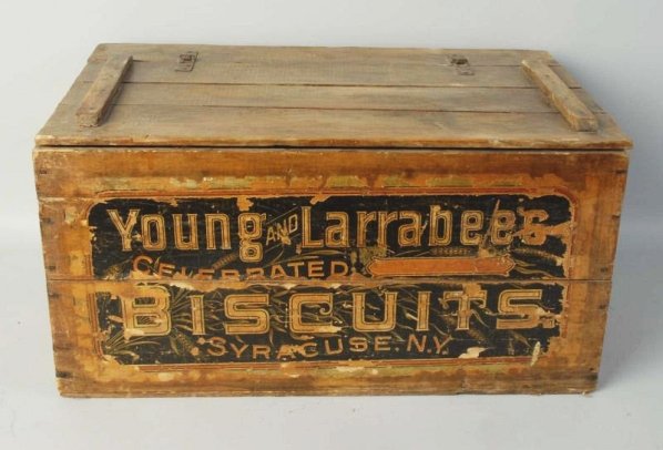 Wood Young & Larabee Biscuit Crate.: Stencil on both ends and front and interior large labels. General wear Condition (Very Good). Size 24" L.