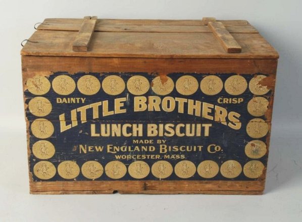 Wood Little Brothers Biscuit Crate.: Moderate wear on box and label. Condition (Very Good). Size 21 - 1/2" L.