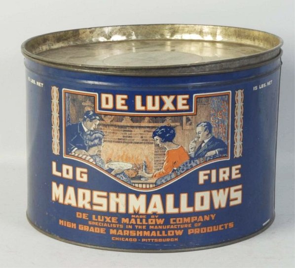 Large De Luxe Fire Marshmallows Tin.: With fantastic colors and great shine. Nicely detailed with minimal overall wear. Condition (Excellent). Size 12 - 1/2" Dia.