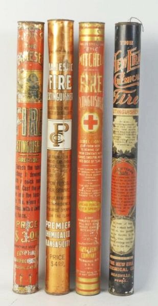 Lot of 4: Fire Extinguishers.: Includes, The Mitchell, Newfra, Majestic and Rameses. Modest wear to all. Condition (Very Good). Size Each: 22" L.