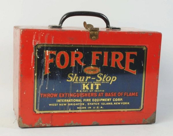 Shur-Stop Fire Extinguisher Kit.: This metal container contains six fire grenades or extinguishers. Five are full and one is empty. The empty piece probably developed a leak over the years. Very unique and unusual. Light to moderate w
