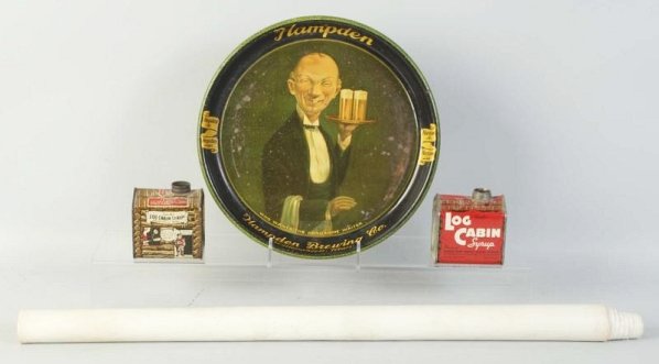 Lot of 4: Advertising Pieces.: Including one Hampden beer tray, one camel cigarettes poster, and two log cabin syrup tins. Condition (Very Good - Excellent). Size Largest: 30" T.