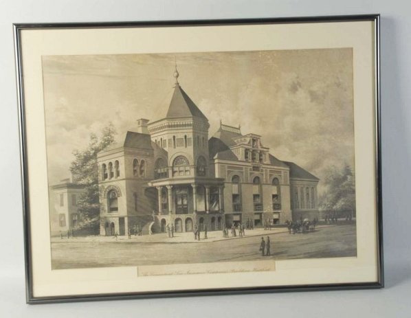 Connecticut Fire Insurance Building Sign.: Nicely matted in a metal frame. Great image of the Hartford displayed with citizens and a horse and carriage presented in the foreground. Nice detail. Condition (Excellent). Size Framed: 26" x 34".