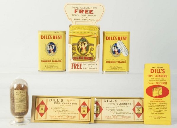 Lot of 7: Dills Tobacco Tins and Adverting.: Includes a pipe cleaner display and other pipe cleaners. Condition (Near Mint). Size Largest: 7 - 1/2" T.