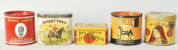 Lot of 5: Tobacco Tins.: Sunset Trail with some flaking and dents, others with light to medium wear. Condition (Very Good - Excellent). Size Largest: 6" L.