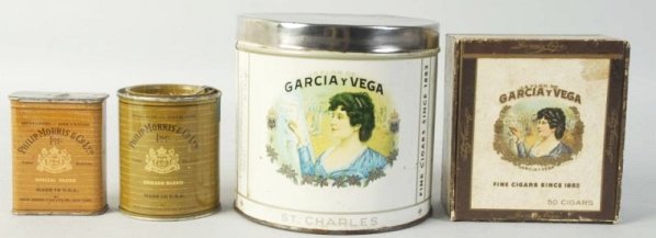 Lot of 3: Tins & Cigar Box.: Condition (Excellent). Size Largest: 5 - 1/4" T.