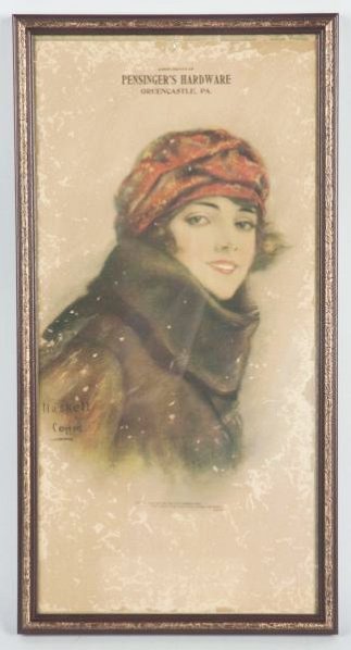 Greencastle Pennsylvania Calendar Top.: 1920s with Haskell Coffin artwork. Lots of surface wear. Condition (Fair). Size Framed: 23" x 12".