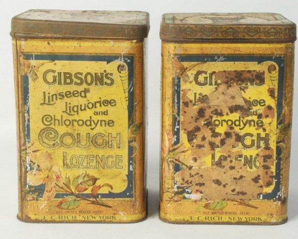 Lot of 2: Gibson's Cough Lozenge Tins.: Moderate wear and scratches. Condition (Very Good). Size Each: 9" T.