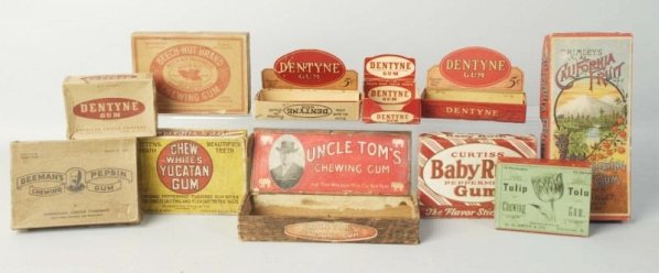 Lot of 11: Gum Boxes.: 1890s-1940s, with an early Uncle Tomâ€™s, Tulip Tolu, and Primleyâ€™s. Condition (Very Good - Excellent). Size Largest: 10" L.
