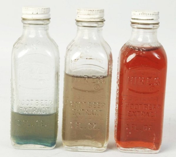 Lot of 3: Hires Root Beer Syrup Bottles.: Colored water now where extract once was. Condition (Excellent). Size Each: 4 - 1/2" T.
