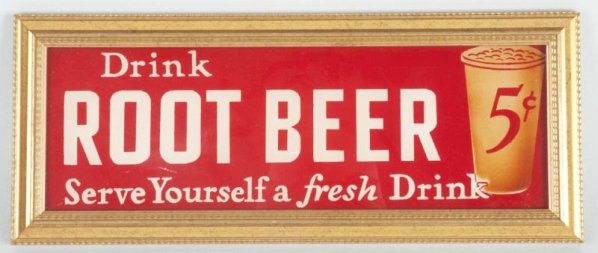 30s-40s Root Beer Reverse on Glass Sign.: In a newer frame with a few small nicks in reverse paint. Condition (Near Mint). Size Framed: 16 - 3/4" x 7".